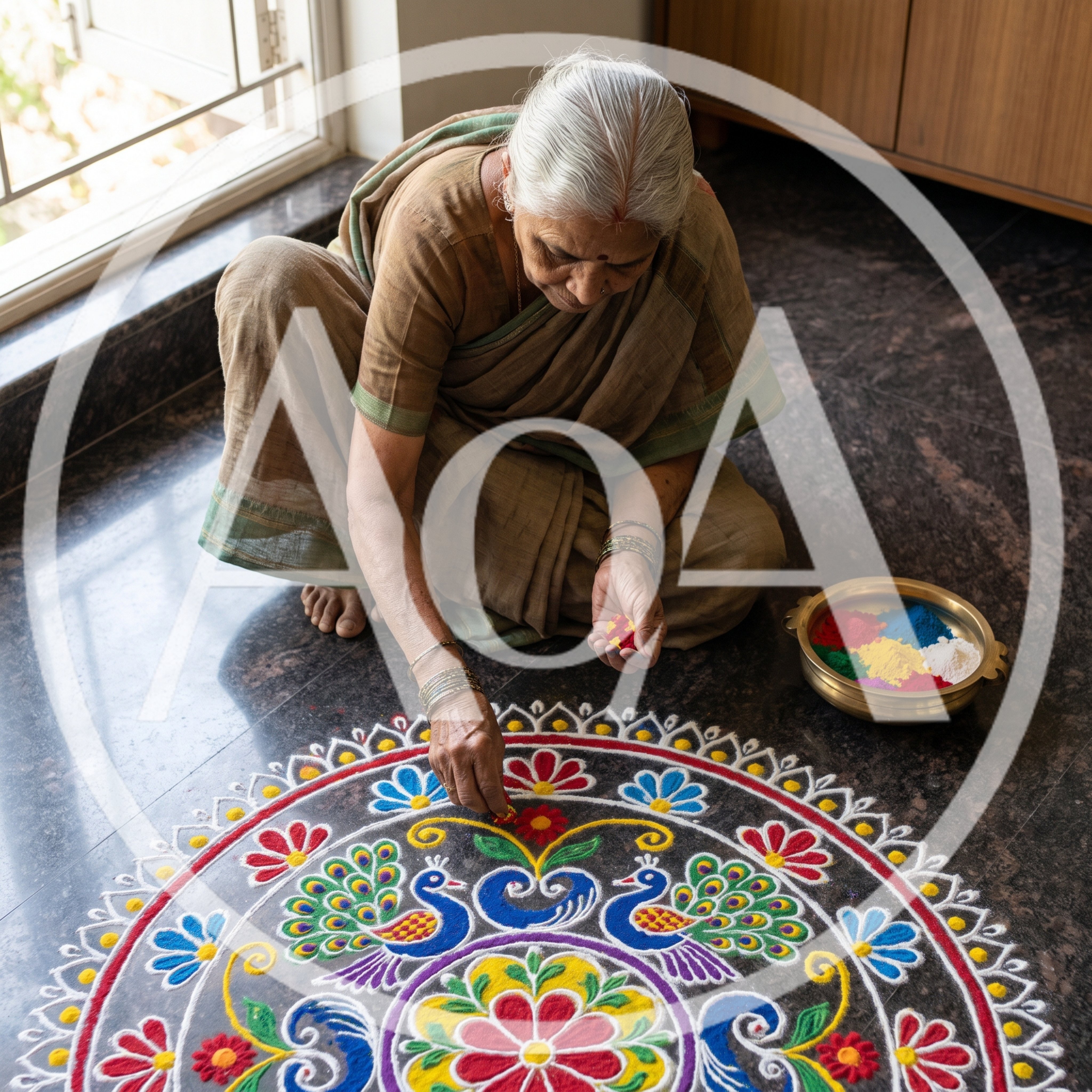 Elderly Indian Woman Creating Traditional Rangoli Art