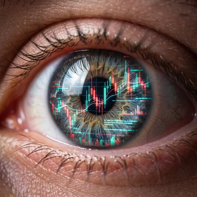 Macro Close Up Of Human Eye With Financial Charts