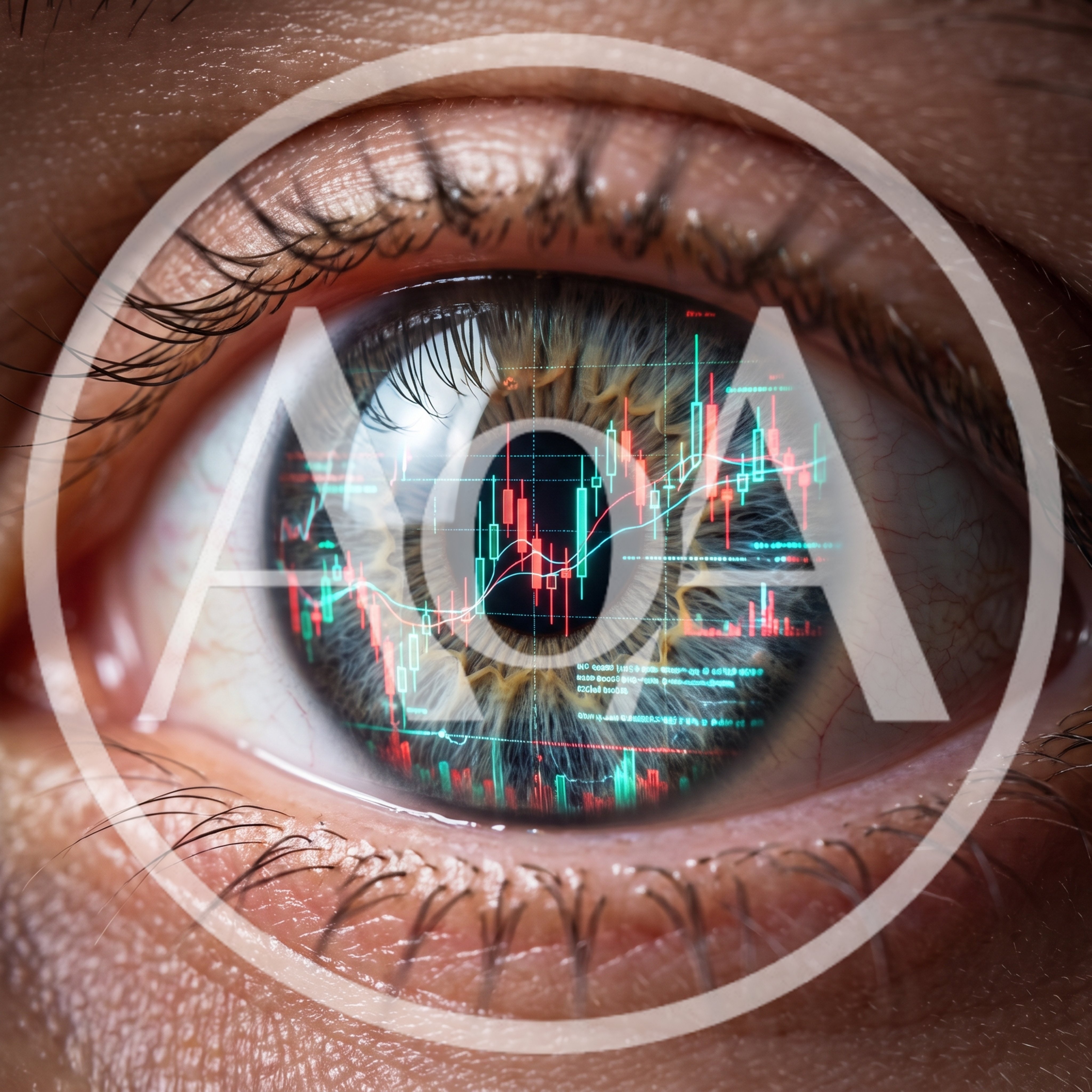 Macro Close Up Of Human Eye With Financial Charts