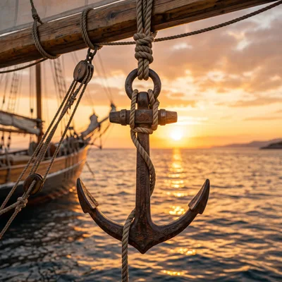 Old Metal Anchor Hanging From Ship Mast At Sunset