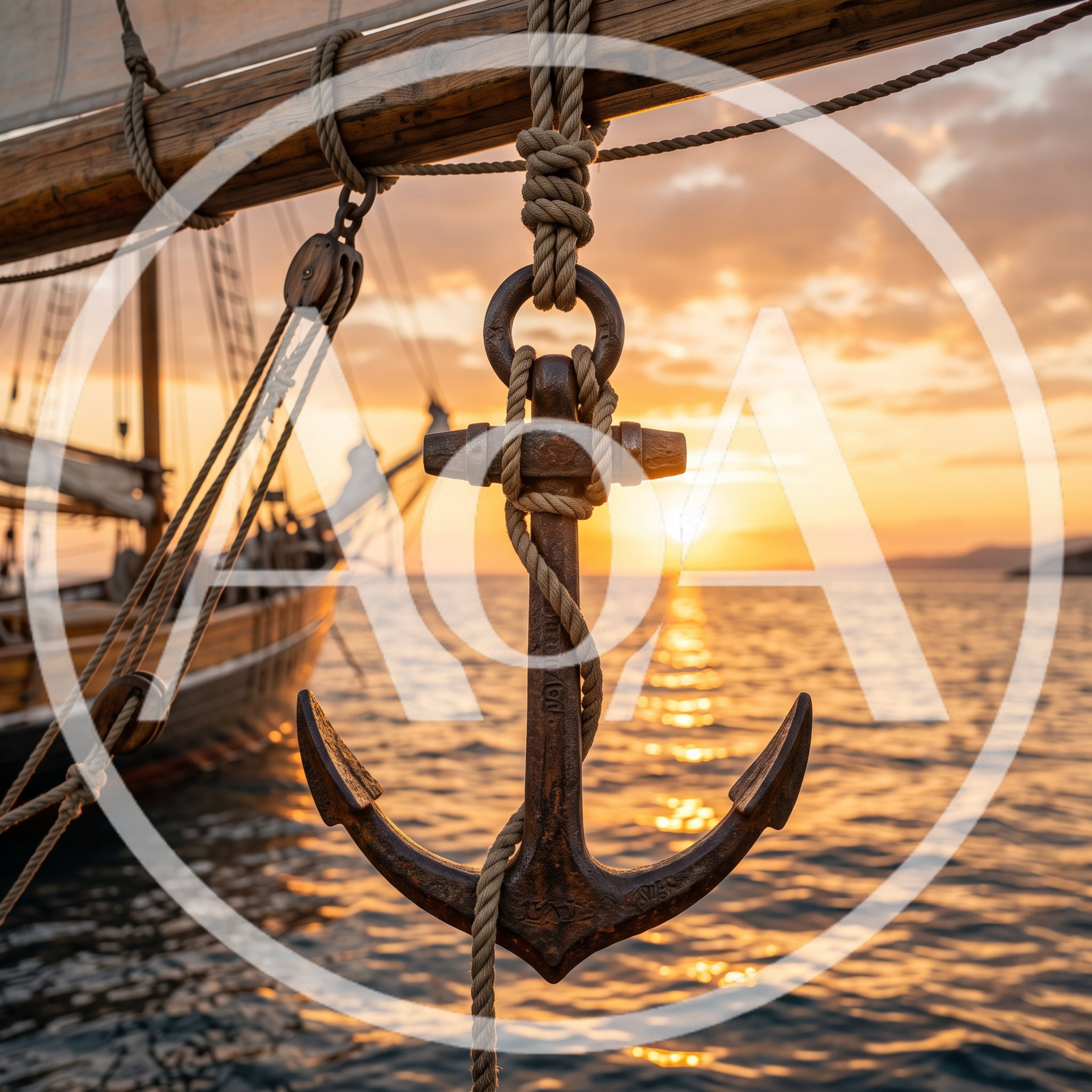 Old Metal Anchor Hanging From Ship Mast At Sunset