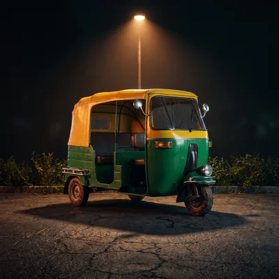 Green And Yellow Auto Rickshaw Parked Under Streetlight