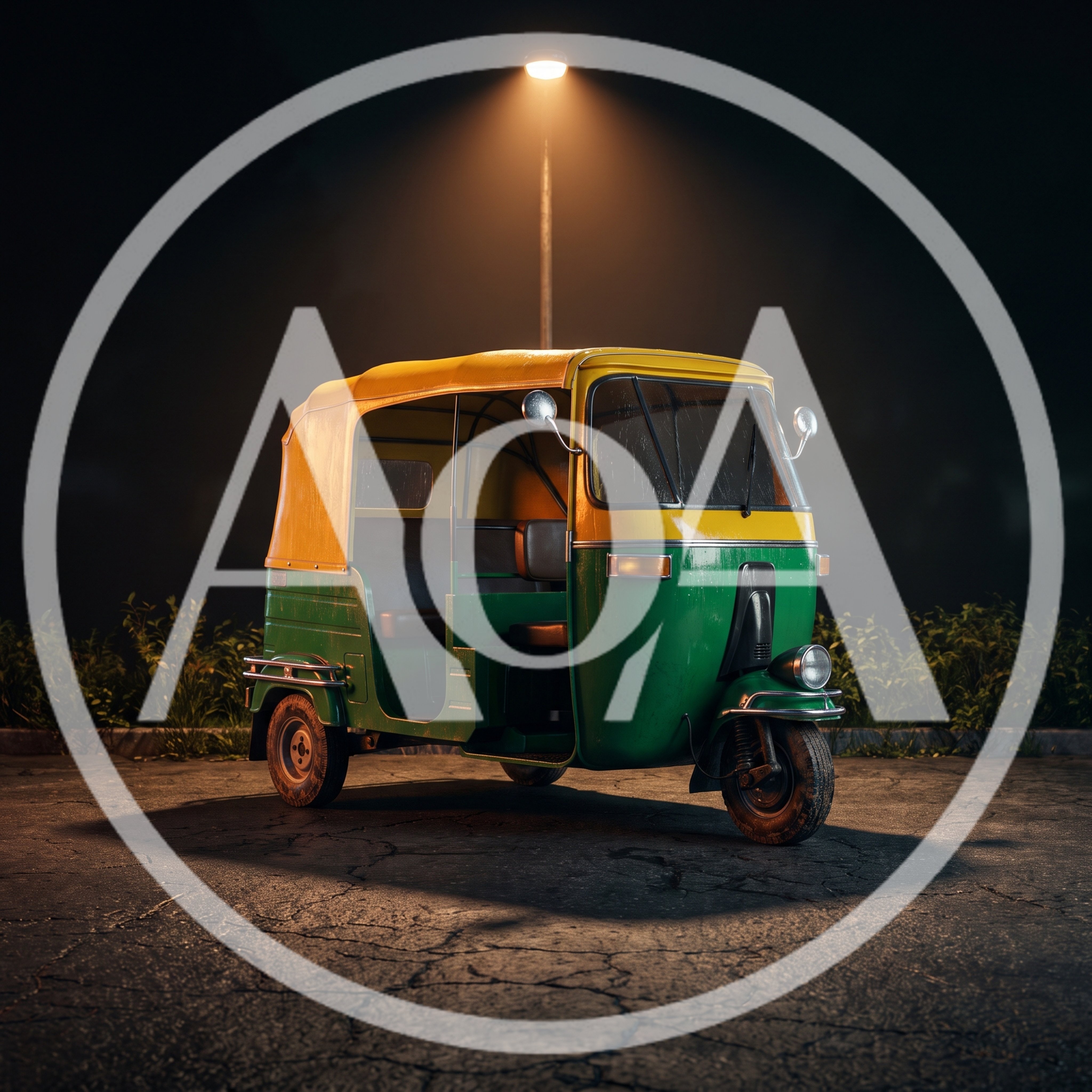 Green And Yellow Auto Rickshaw Parked Under Streetlight