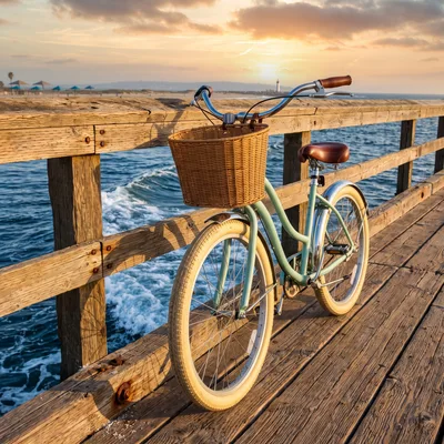 Vintage Bicycle With Wicker Basket On Wooden Pier