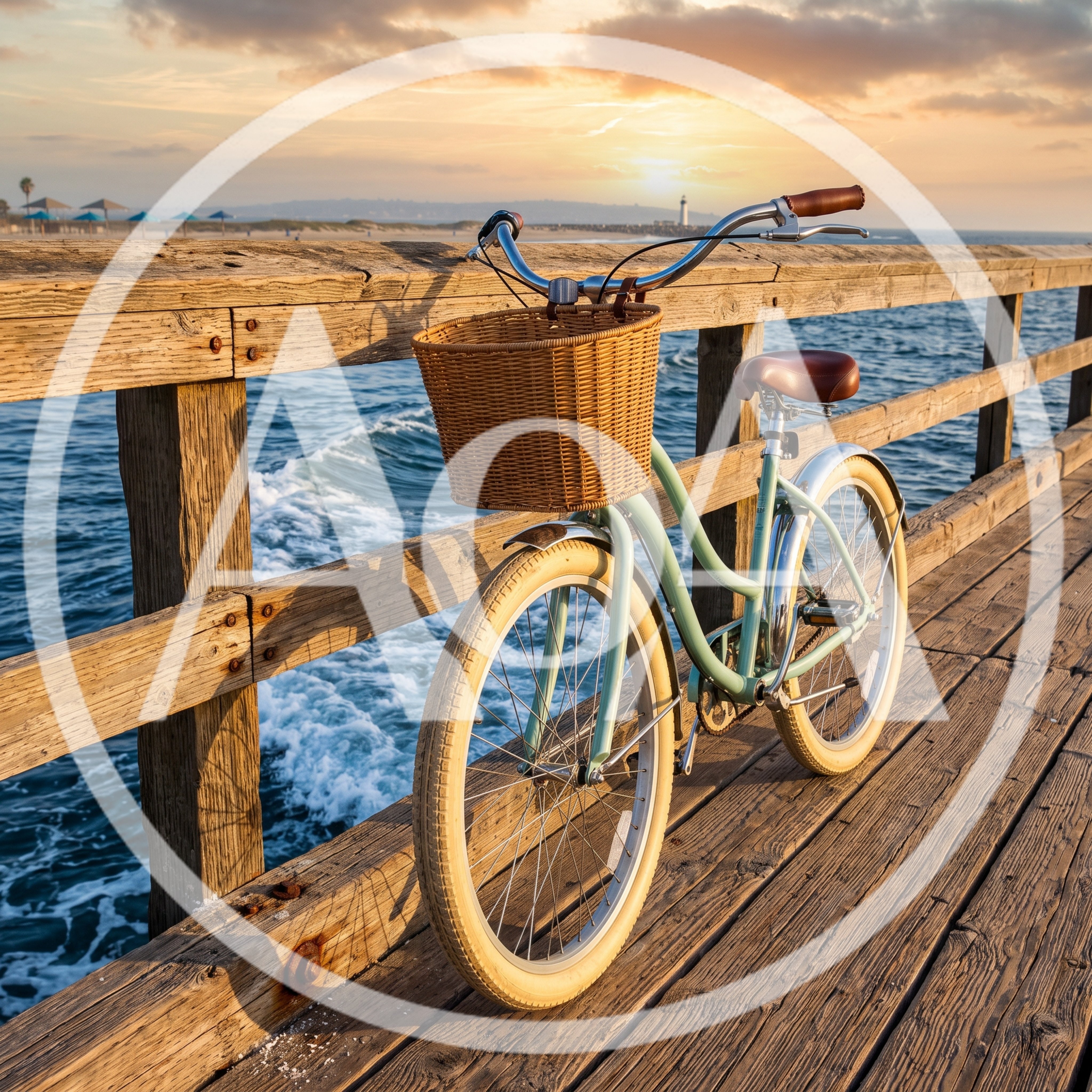 Vintage Bicycle With Wicker Basket On Wooden Pier