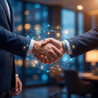 Business Professionals Shaking Hands With Digital Network Overlay