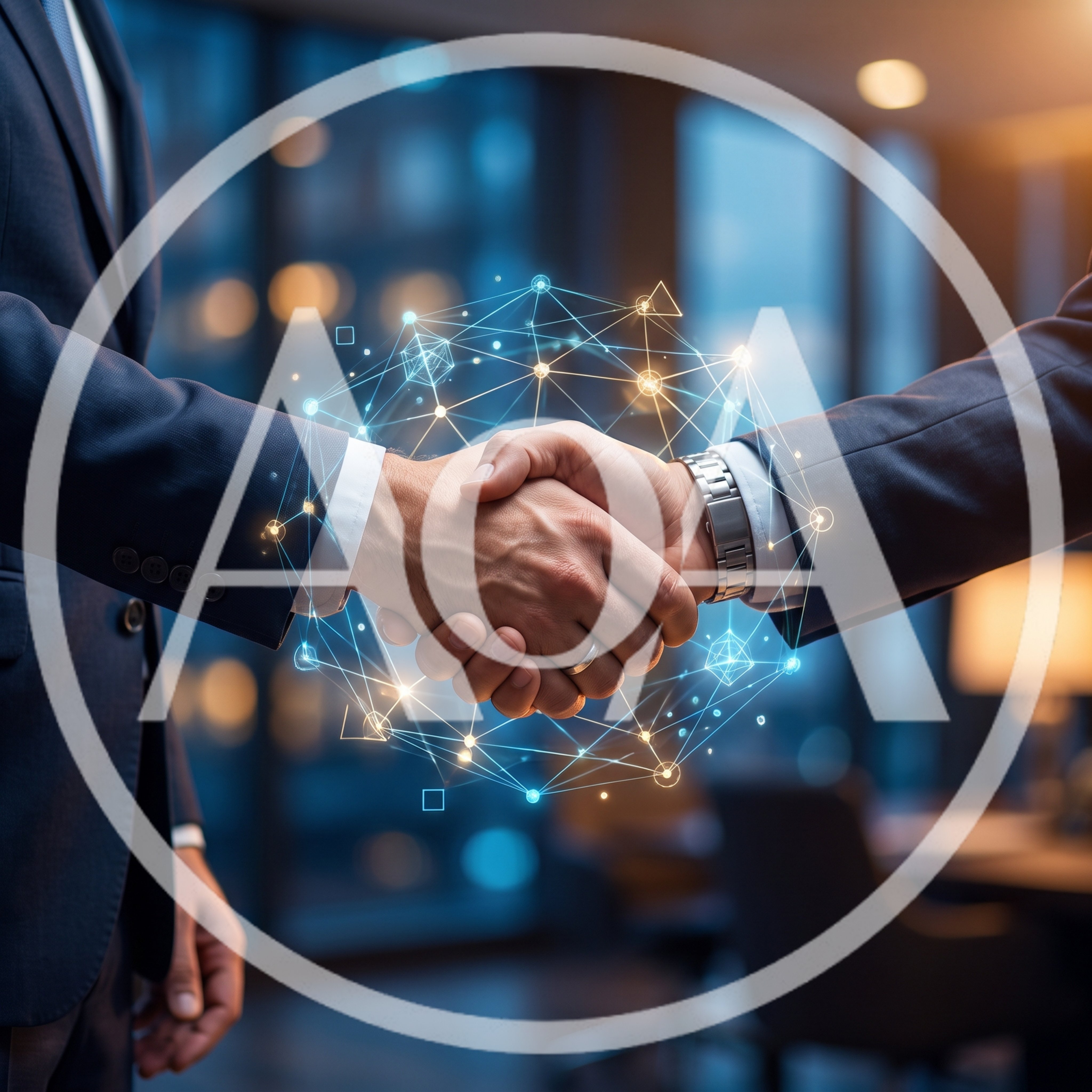 Business Professionals Shaking Hands With Digital Network Overlay