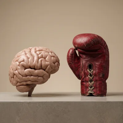 Human Brain And Vintage Boxing Glove Side By Side