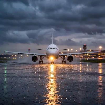 Commercial Airplane Taxiing on Wet Runway at Night
