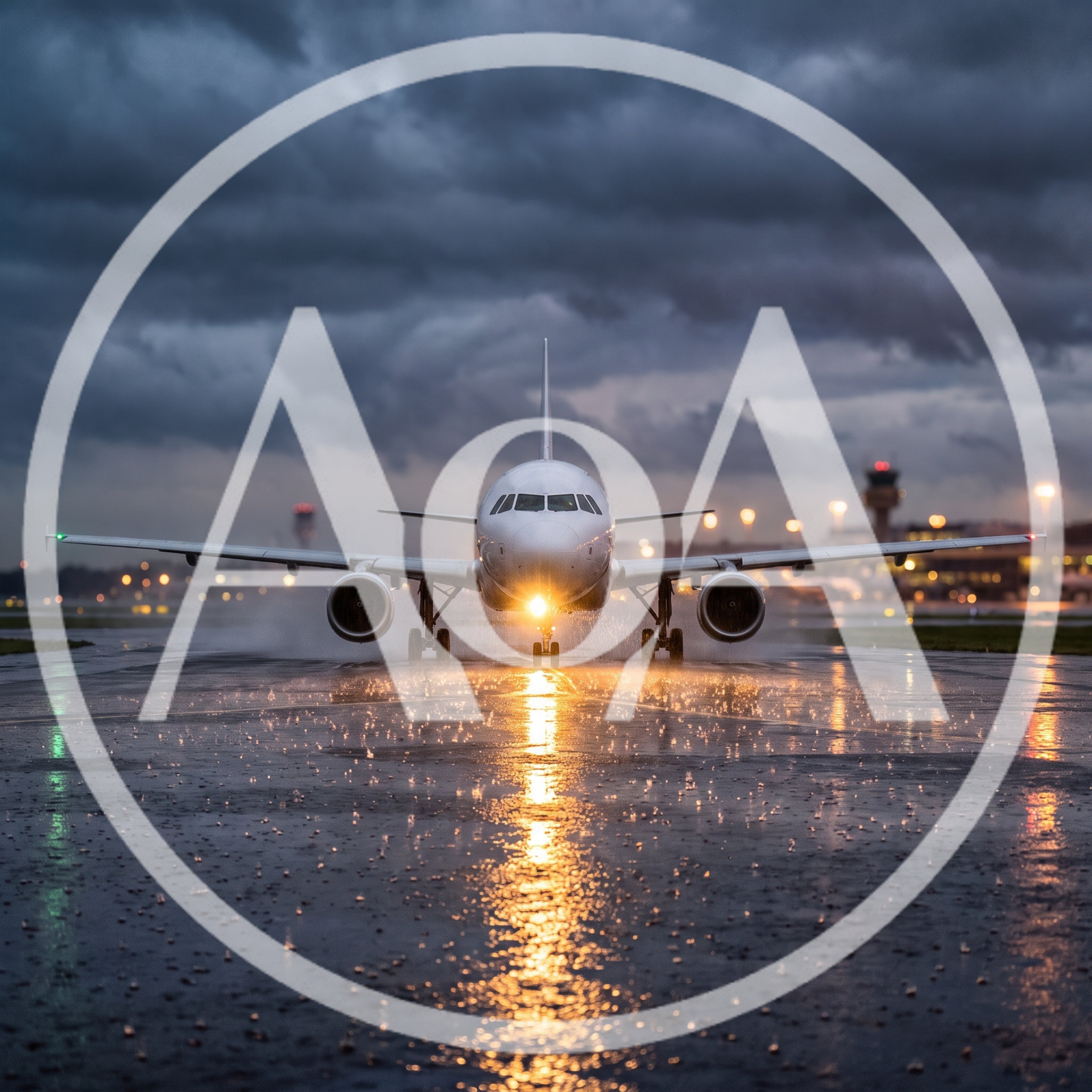 Commercial Airplane Taxiing on Wet Runway at Night
