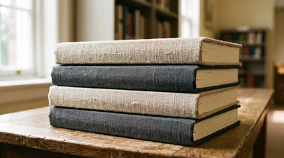 Stack of Four Linen Bound Books on Wooden Table