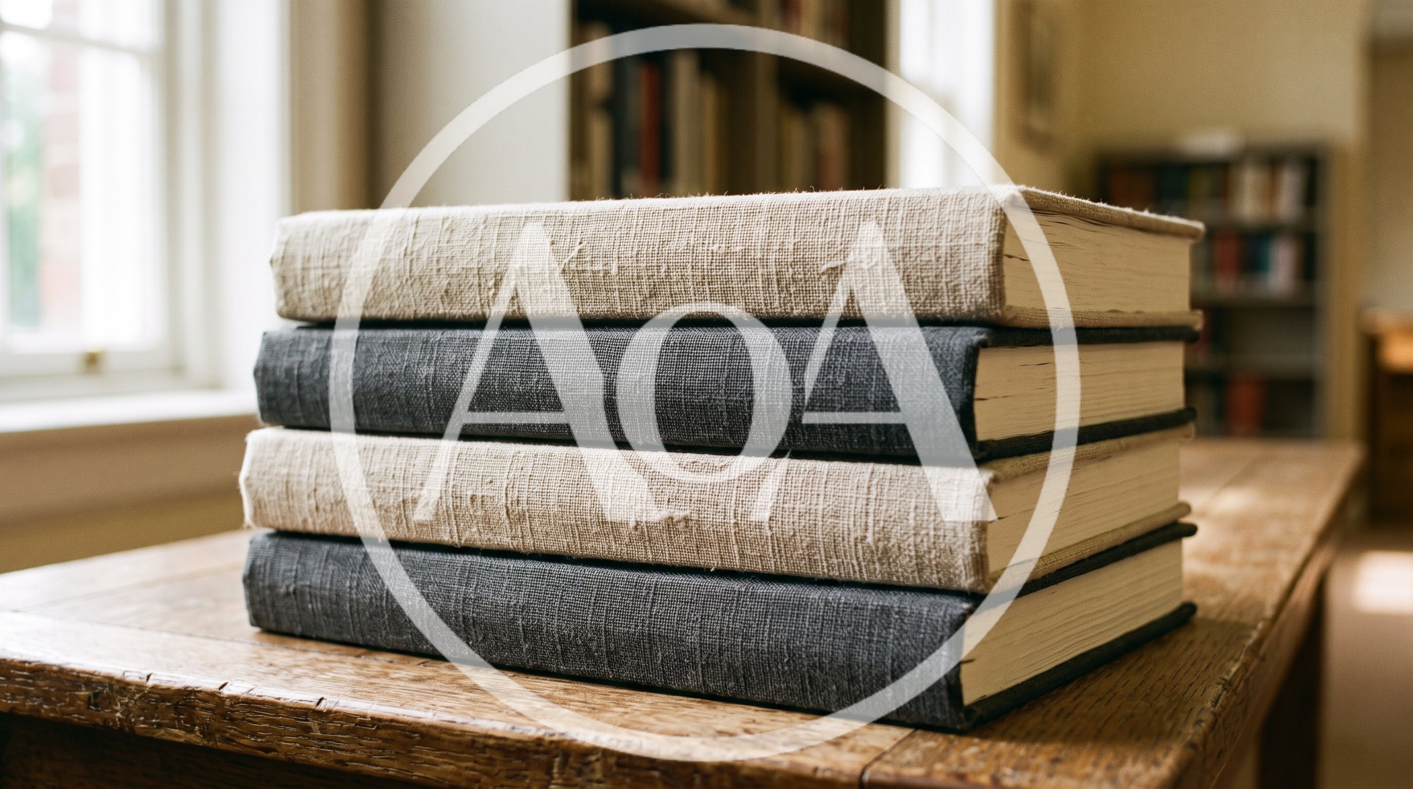 Stack of Four Linen Bound Books on Wooden Table