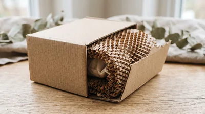 Cardboard Box With Honeycomb Paper Packaging On Wooden Table