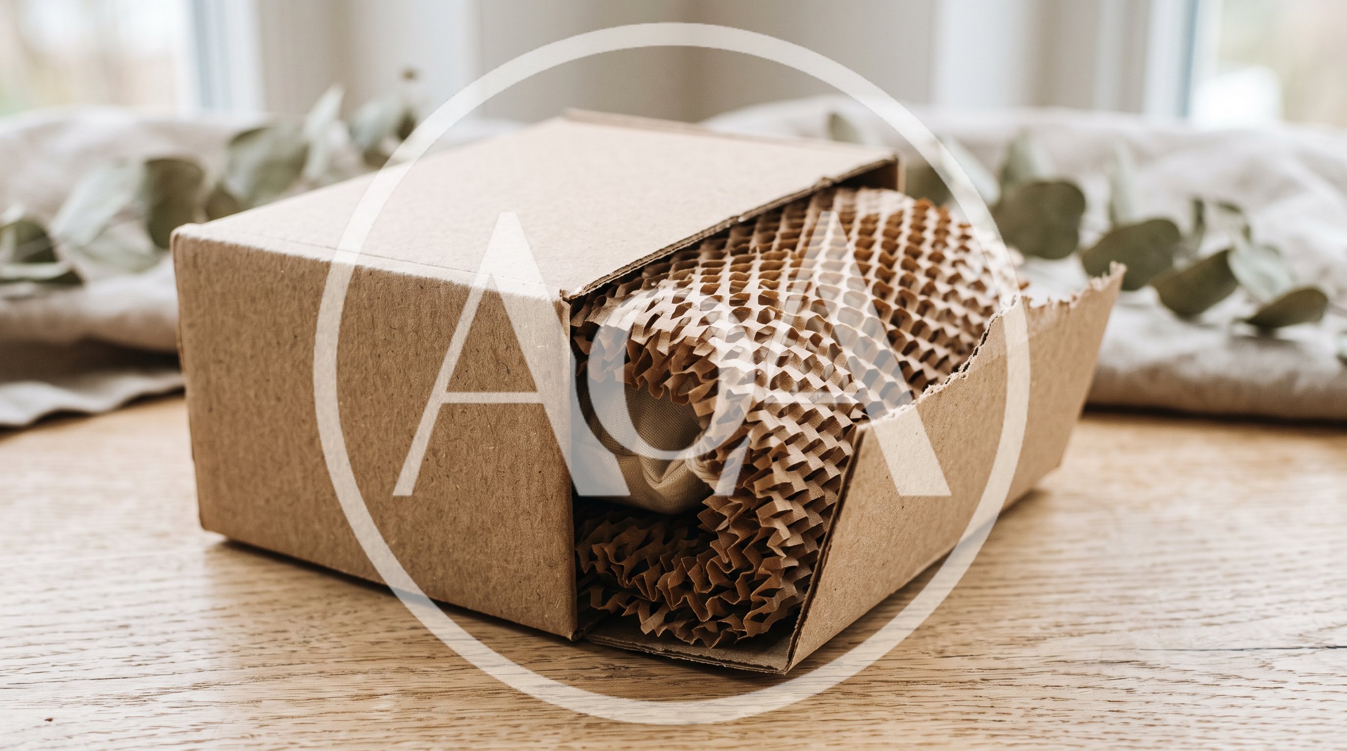 Cardboard Box With Honeycomb Paper Packaging On Wooden Table