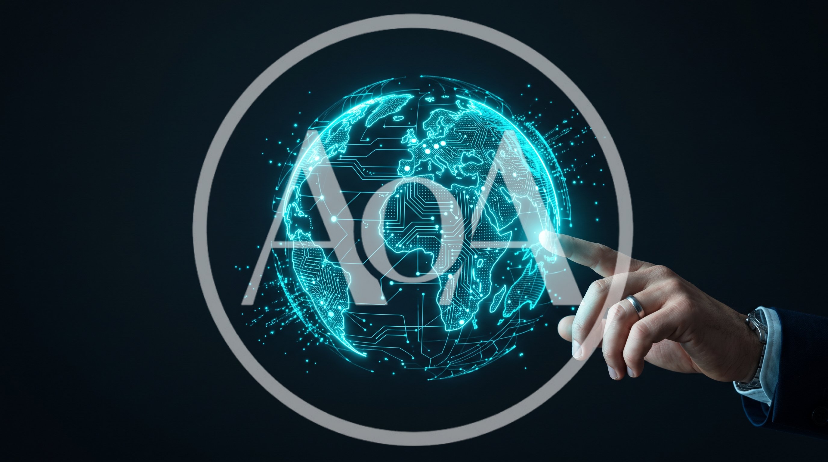 Businessman Touching Digital Holographic Globe Interface