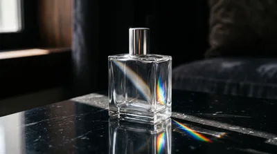 Empty Glass Perfume Bottle On Dark Marble Table