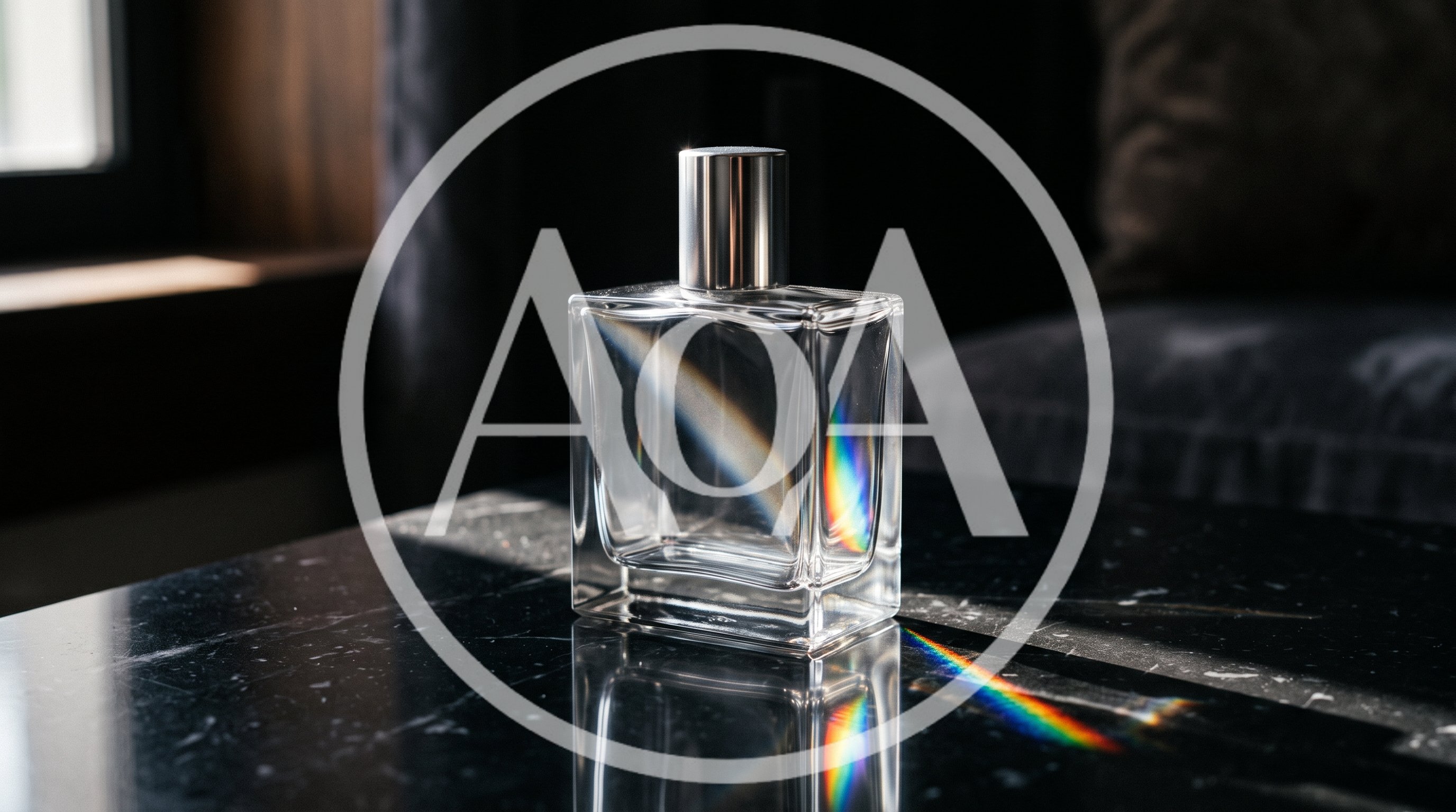 Empty Glass Perfume Bottle On Dark Marble Table