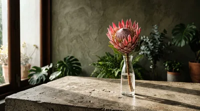 King Protea Flower in Glass Vase on Concrete Table