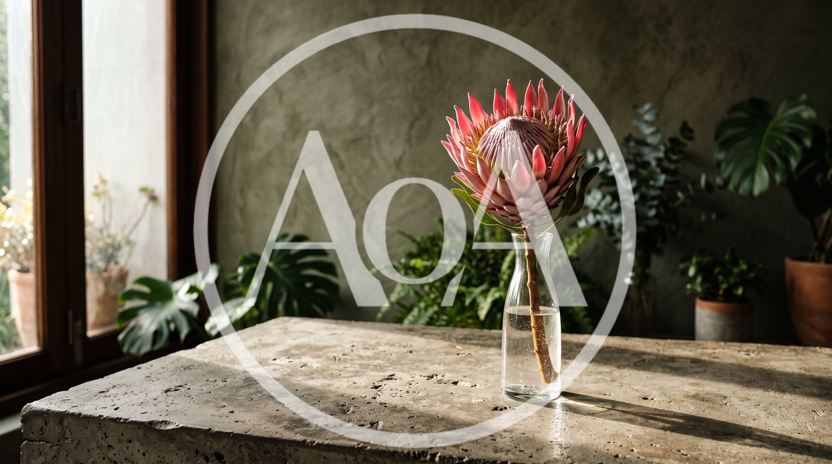 King Protea Flower in Glass Vase on Concrete Table