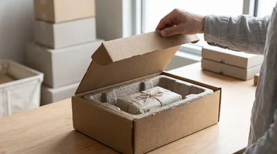 Person Opening Cardboard Shipping Box With Wrapped Gift