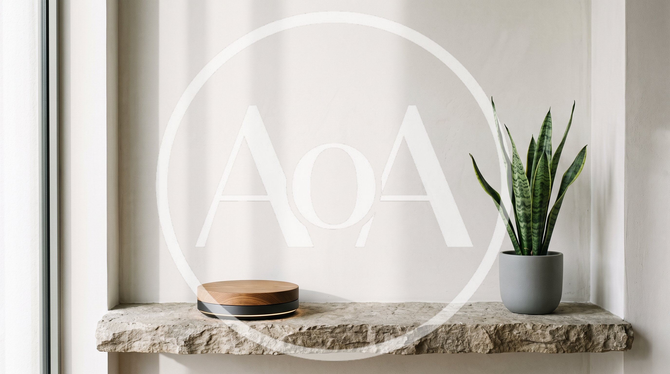 Minimalist Wooden Display Stand on Stone Shelf