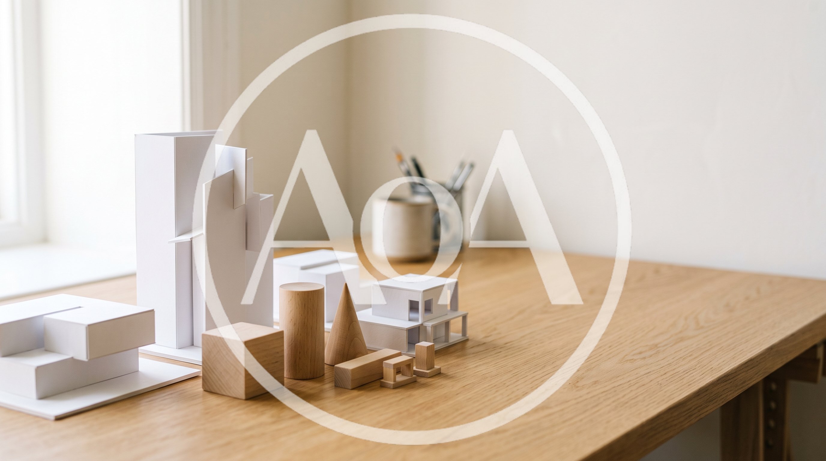 Architectural Models And Wooden Shapes On A Desk