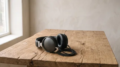 Modern Wired Headphones Resting On A Rustic Wooden Table