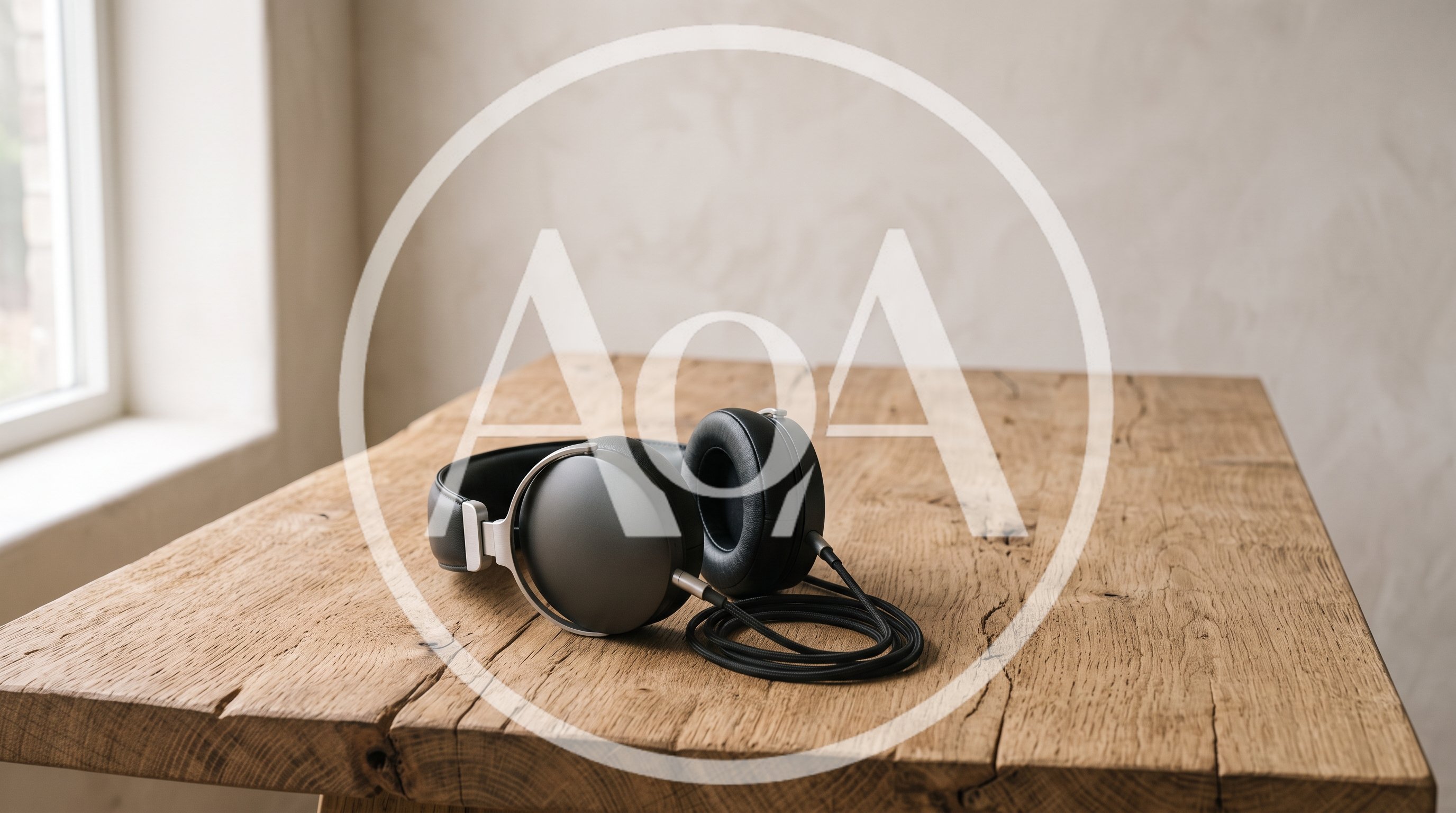 Modern Wired Headphones Resting On A Rustic Wooden Table