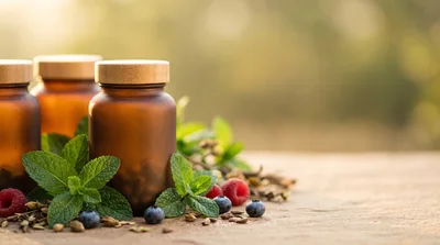 Amber Glass Supplement Bottles With Fresh Berries And Mint