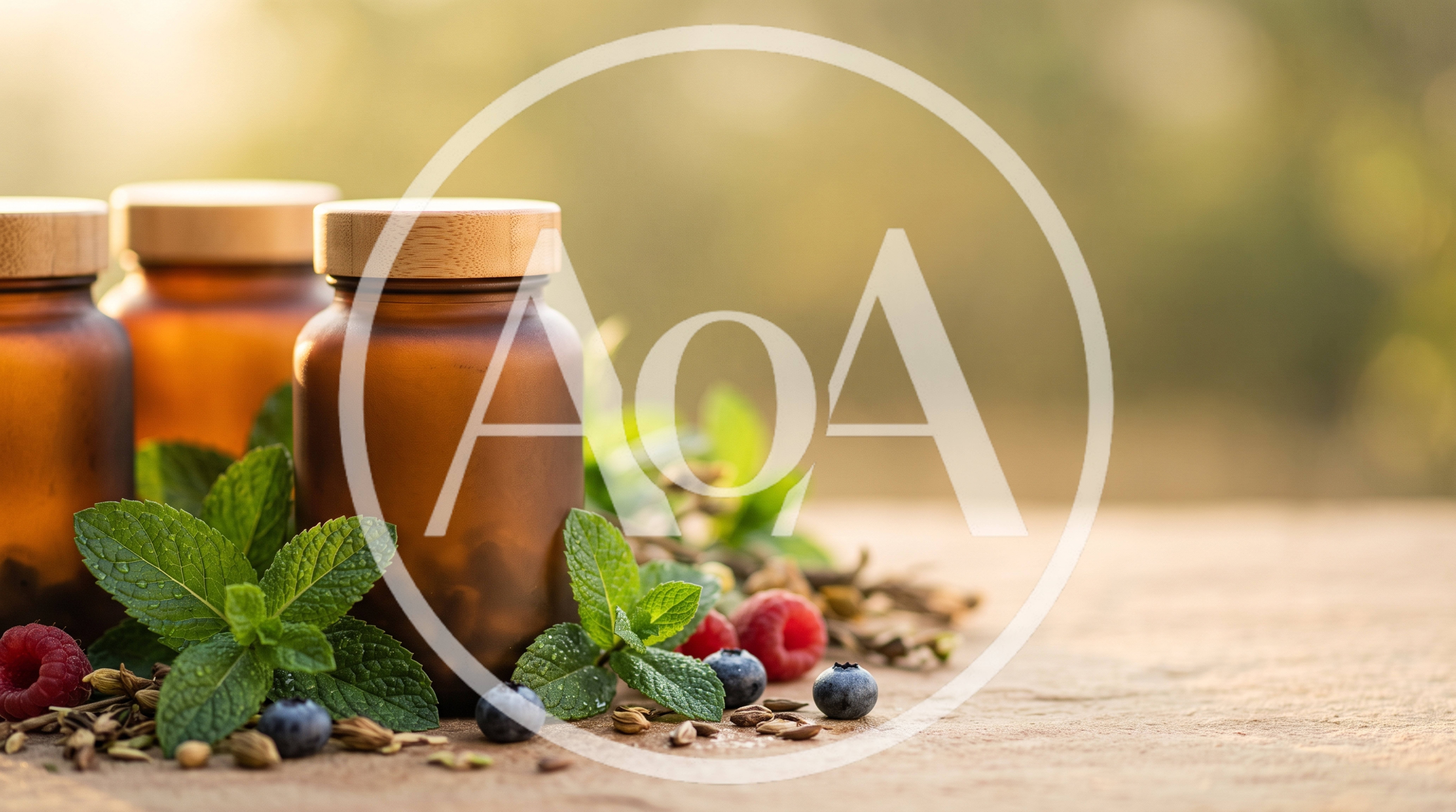 Amber Glass Supplement Bottles With Fresh Berries And Mint