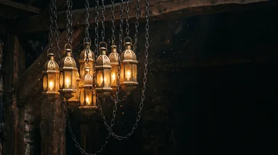 Ornate Hanging Lanterns Suspended From Wooden Beams