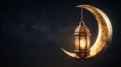 Golden Ramadan Lantern Hanging From A Crescent Moon