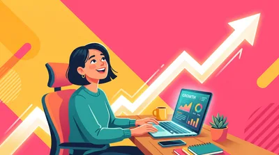 Businesswoman Working On Laptop With Growth Chart Background