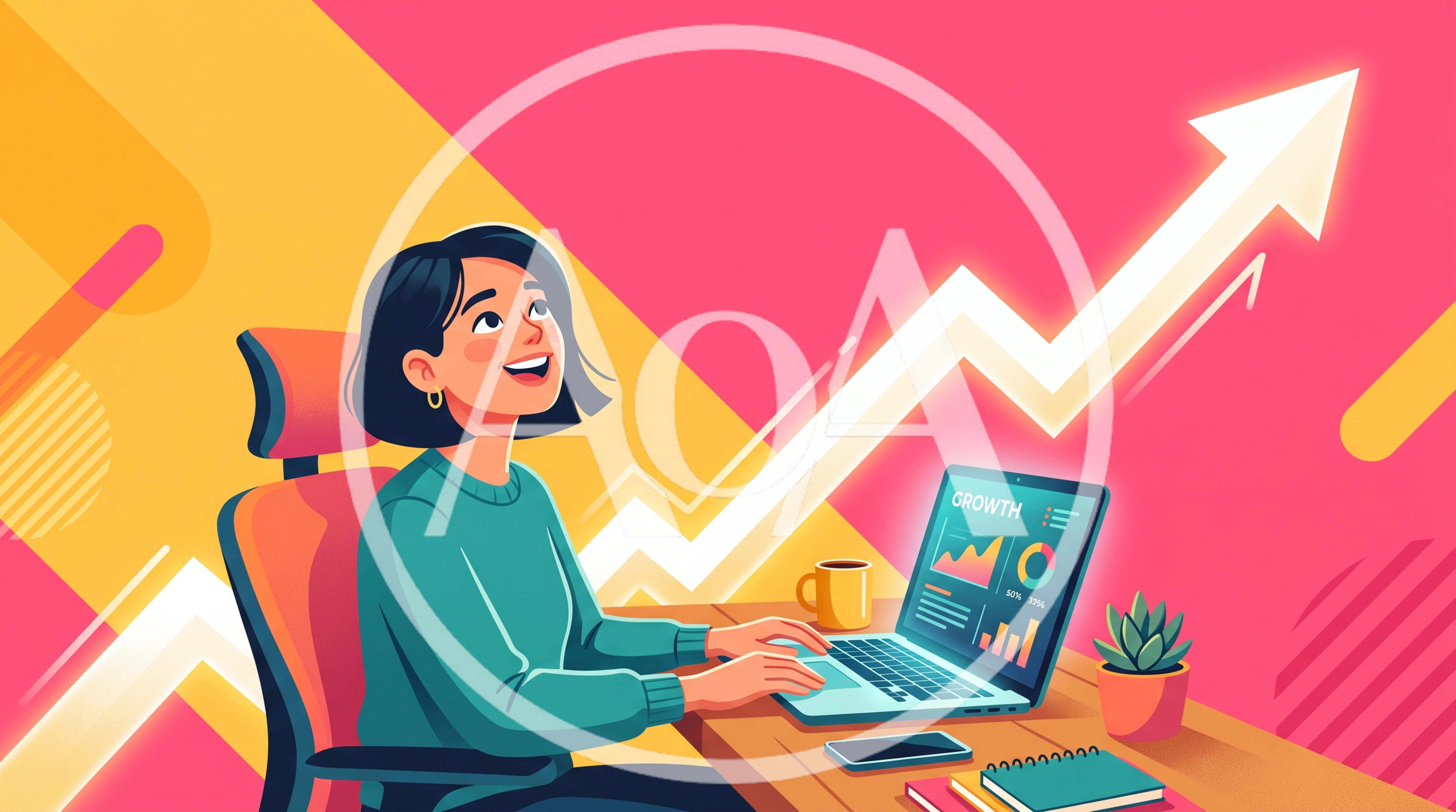 Businesswoman Working On Laptop With Growth Chart Background