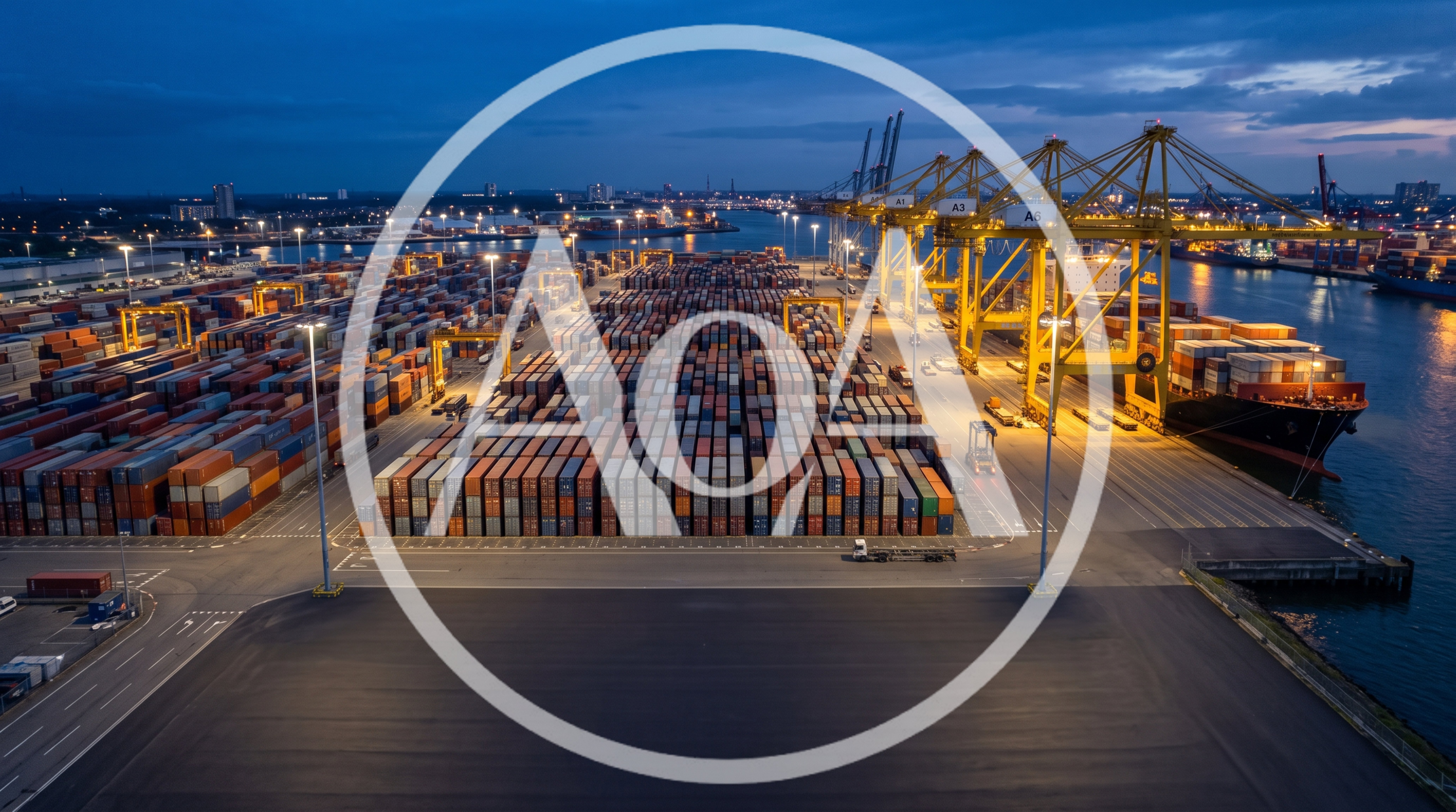 Aerial View Of A Busy Container Port At Twilight