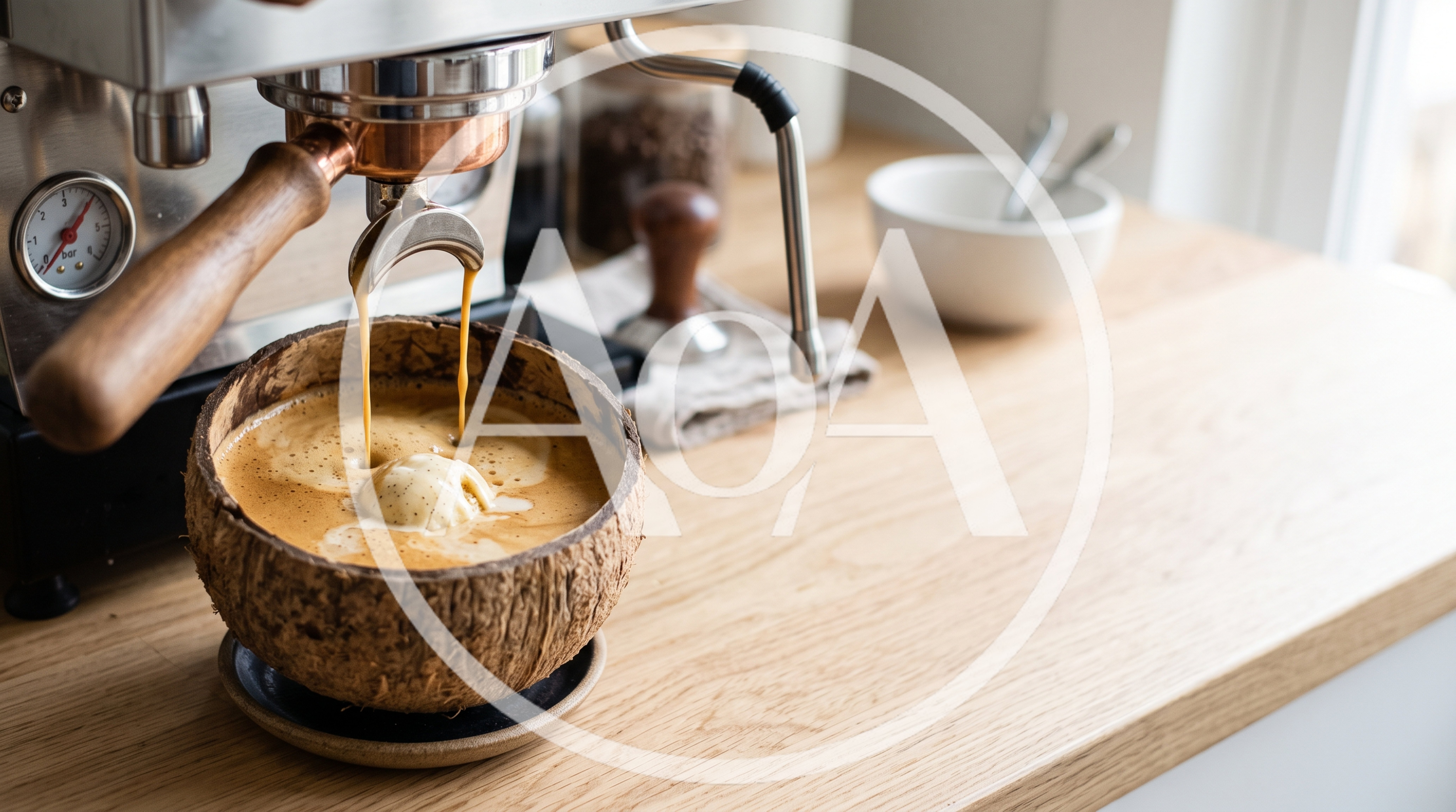 Espresso Pouring Into A Coconut Shell Bowl