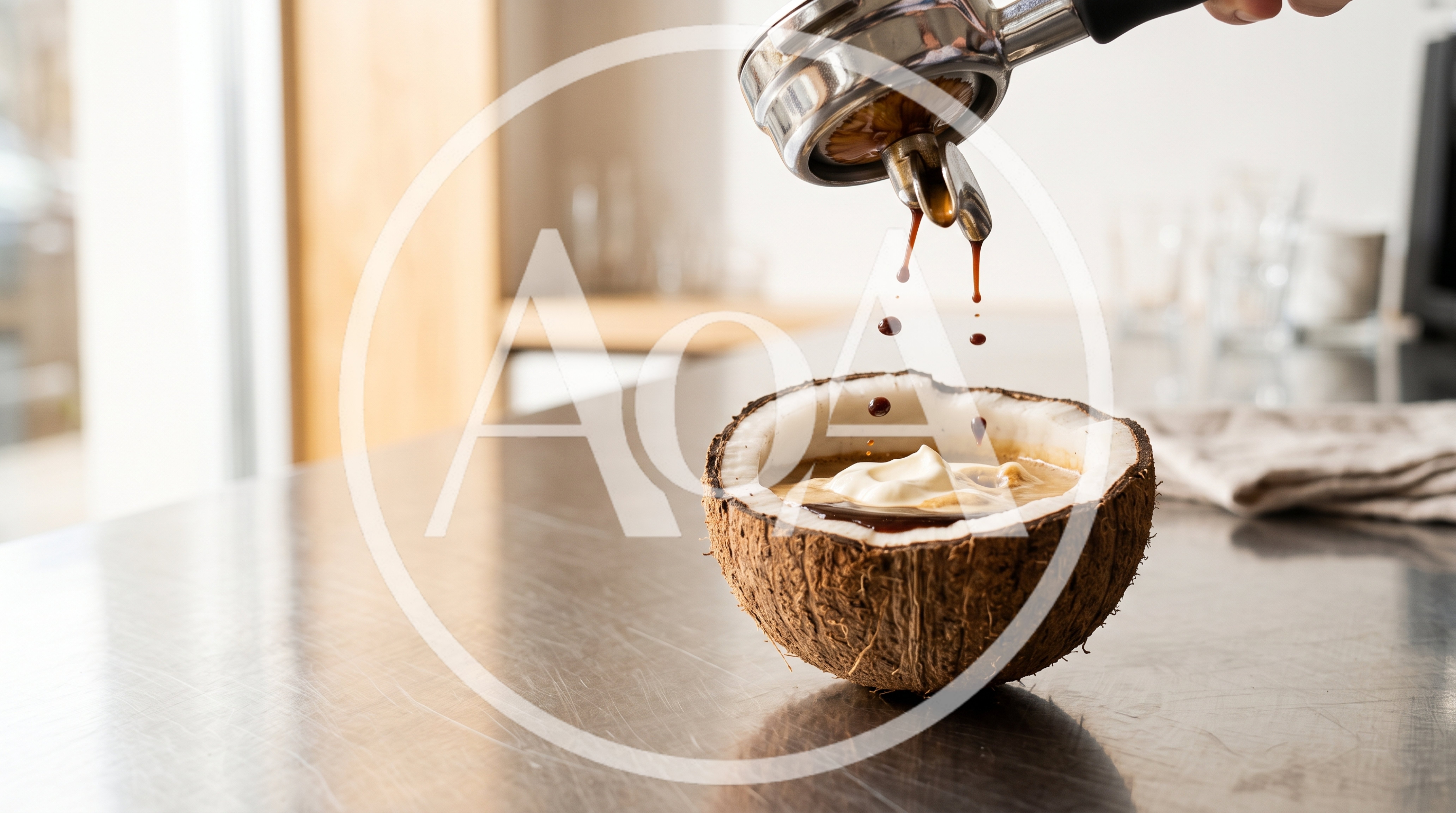 Espresso Pouring Into A Coconut Shell Bowl