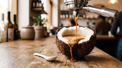 Espresso Pouring Into A Fresh Coconut Shell