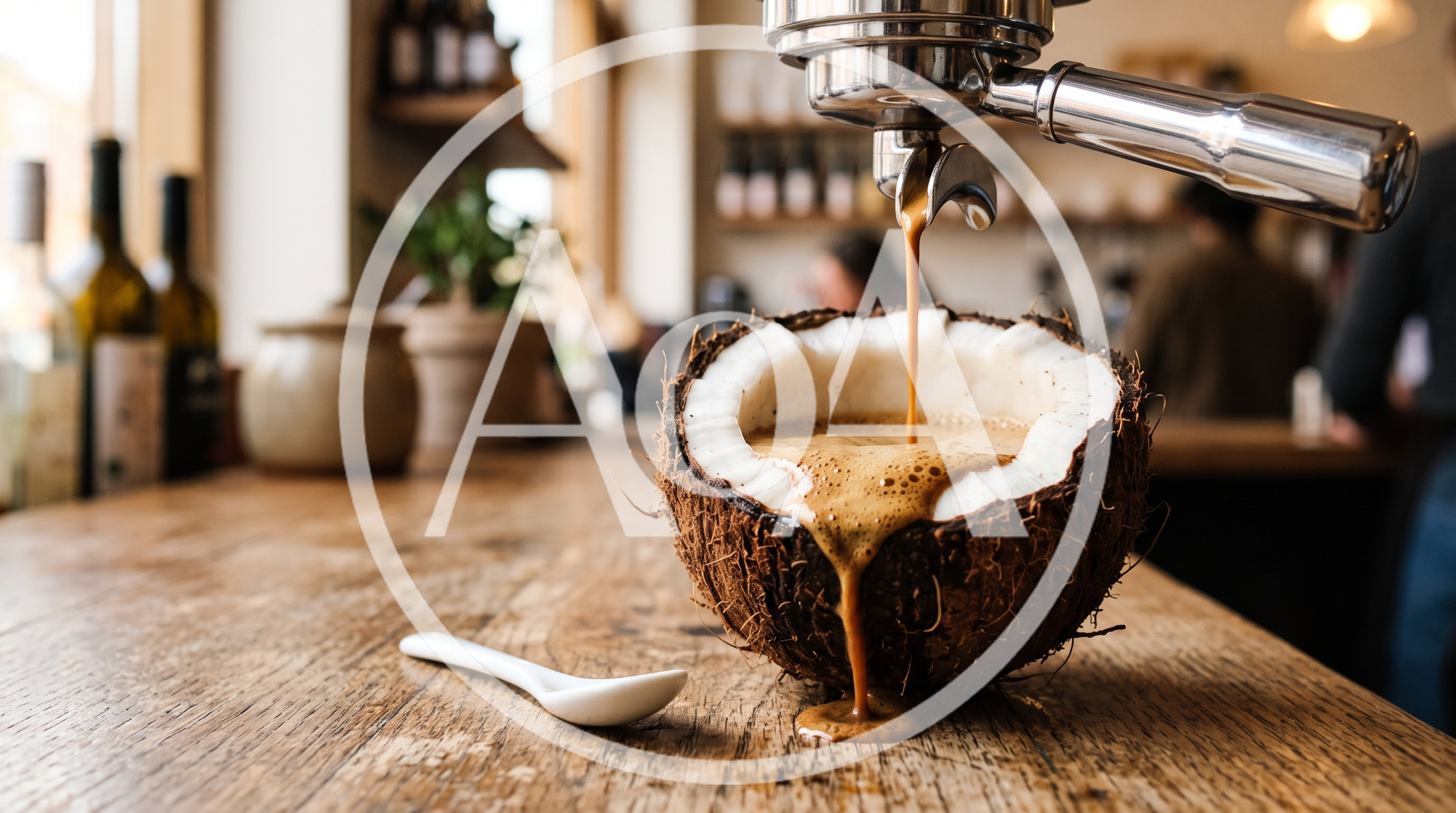 Espresso Pouring Into A Fresh Coconut Shell