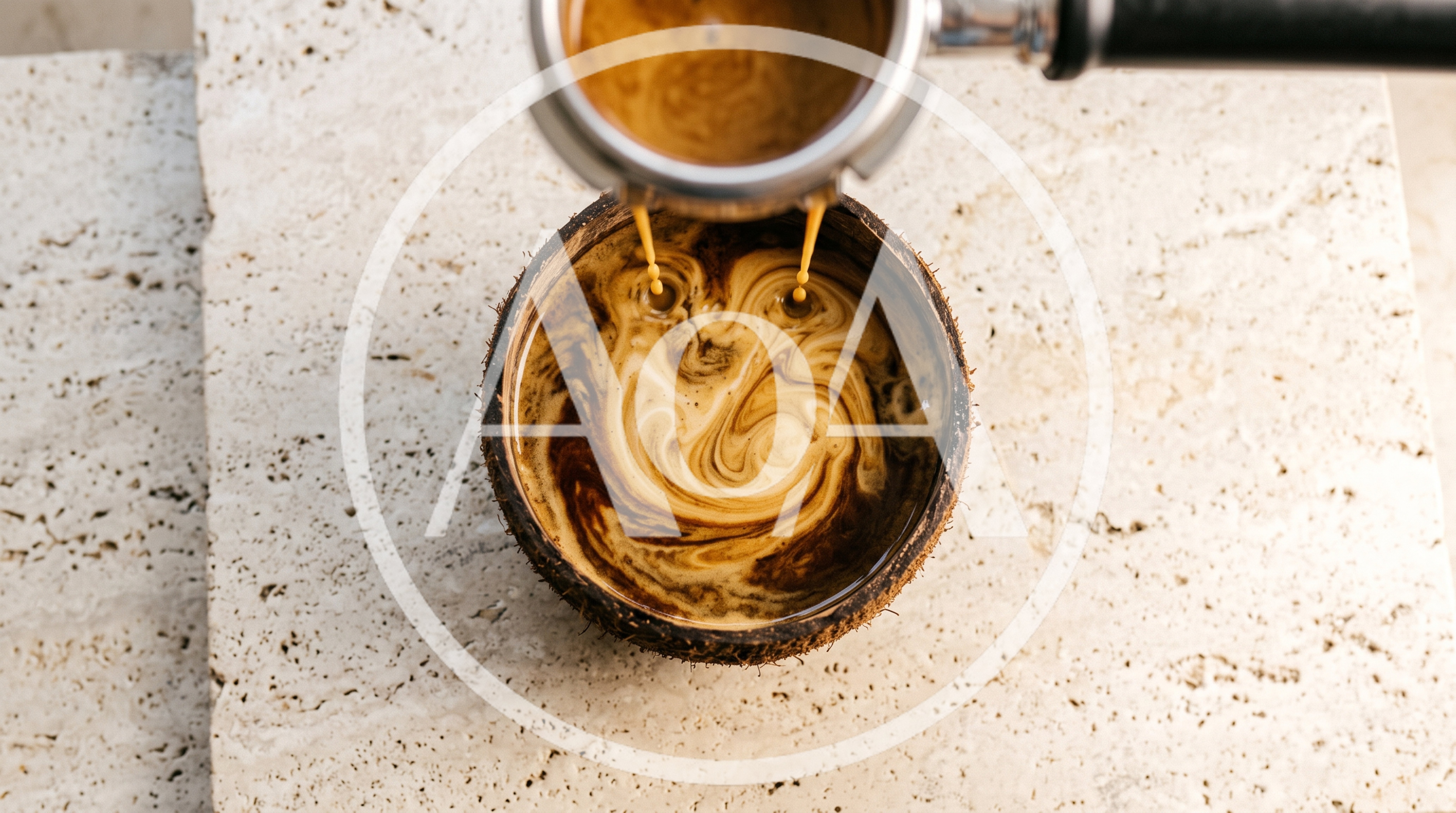 Espresso Pouring Into A Coconut Shell Bowl