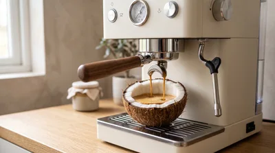 Espresso Pouring Into A Fresh Coconut Shell