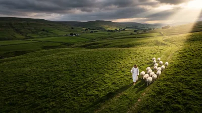 Jesus Leading A Flock Of Sheep Through Green Hills