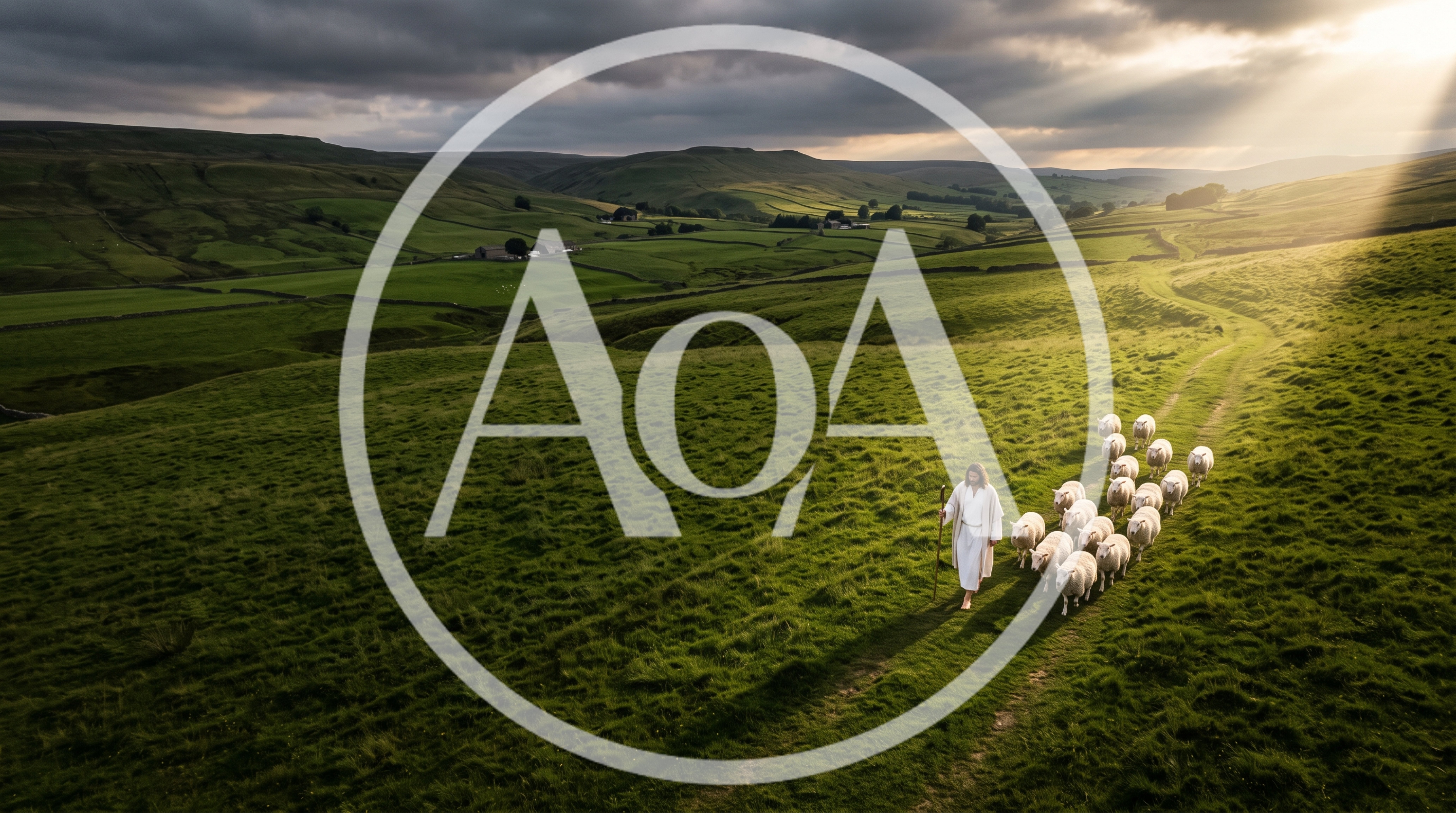Jesus Leading A Flock Of Sheep Through Green Hills