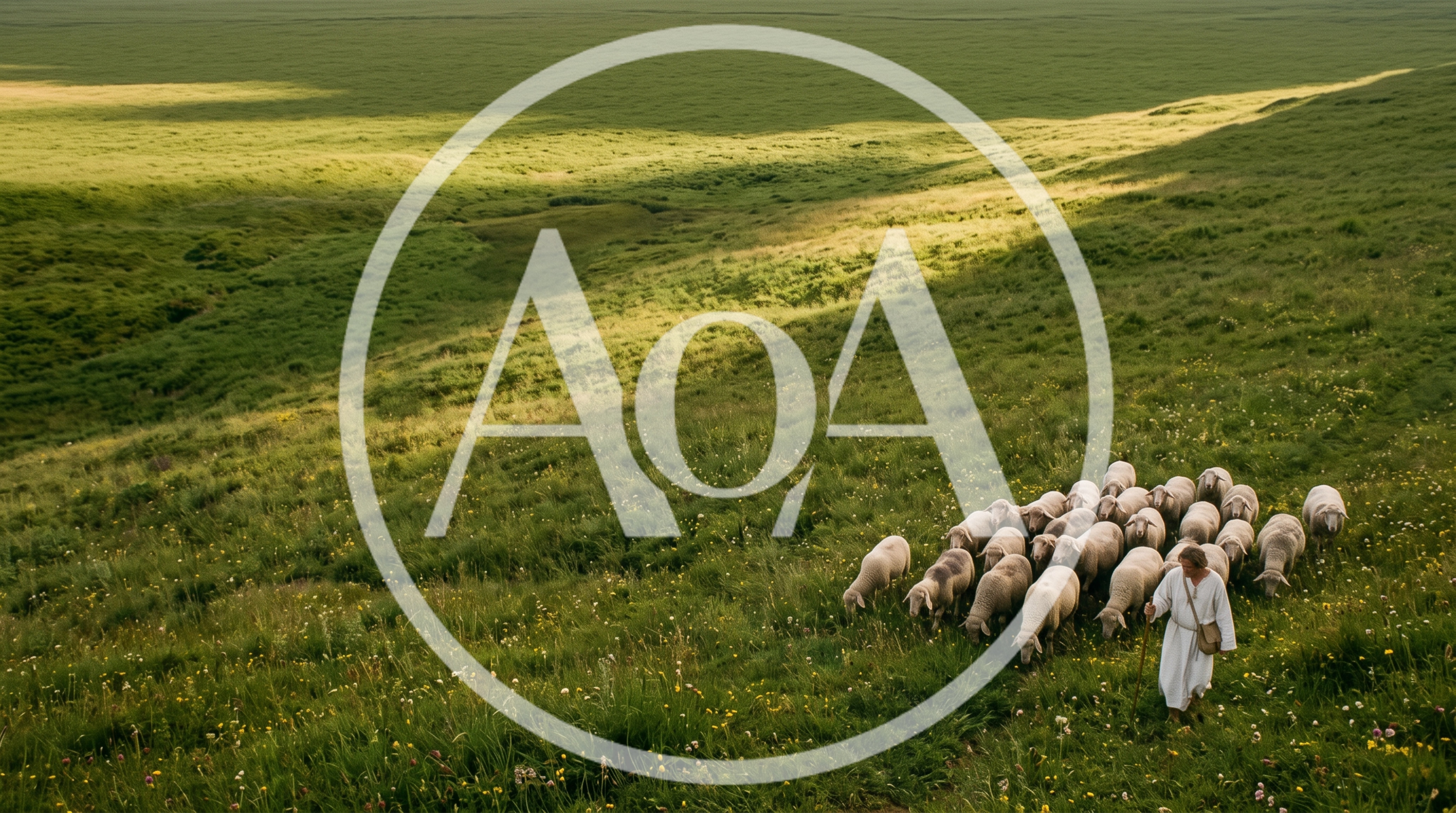 Shepherd Leading A Flock Of Sheep Through Green Pastures