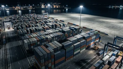 Aerial View Of Shipping Containers At Night Port
