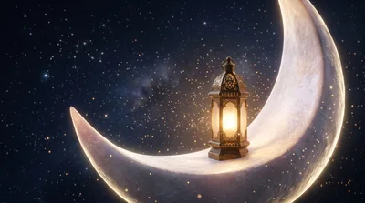 Glowing Lantern Resting On A Crescent Moon