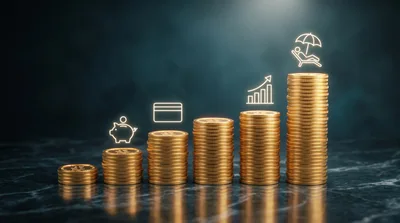 Increasing Stacks Of Gold Coins With Financial Icons