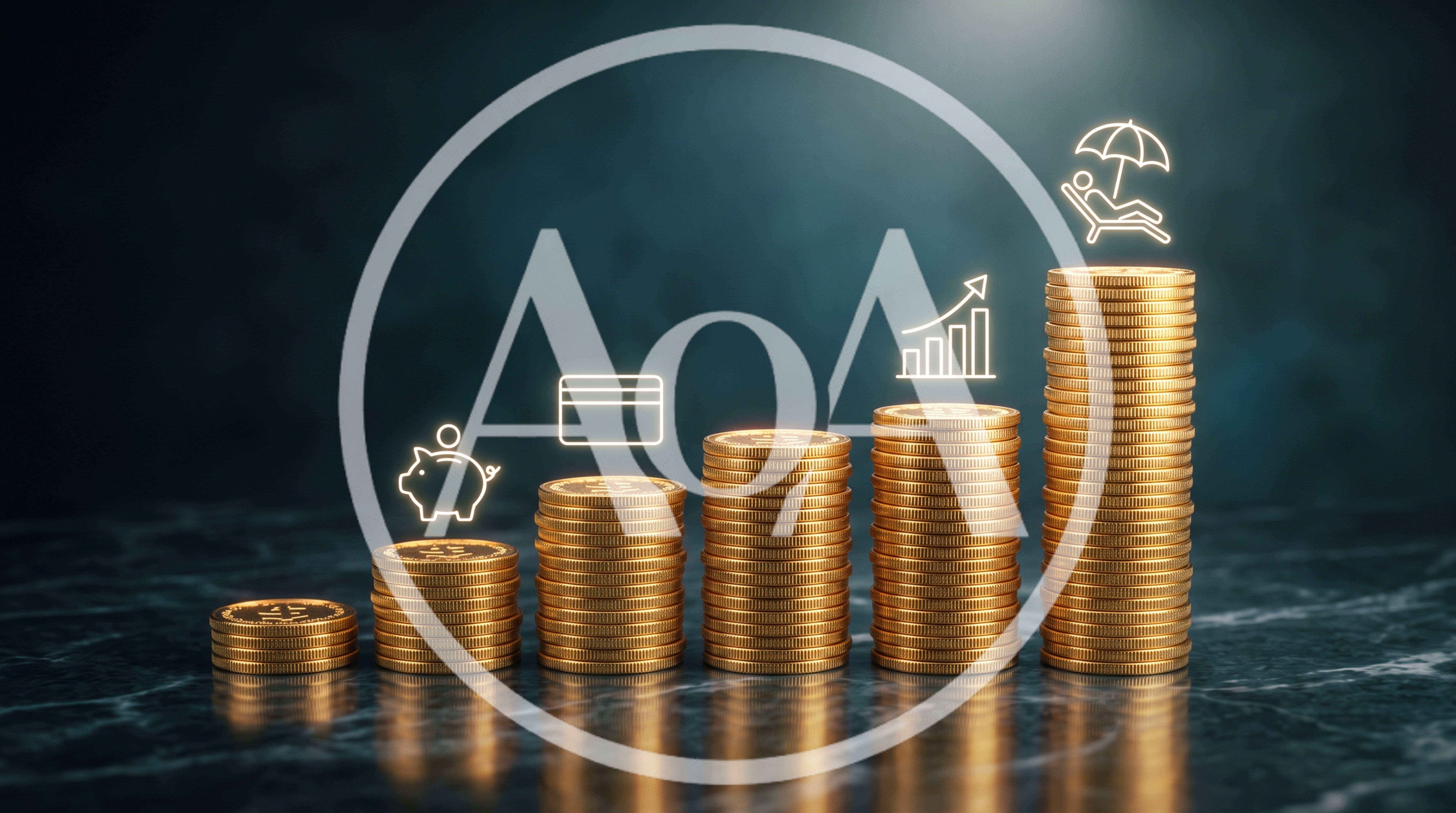 Increasing Stacks Of Gold Coins With Financial Icons