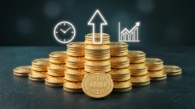 Stack Of Gold Coins With Financial Growth Icons