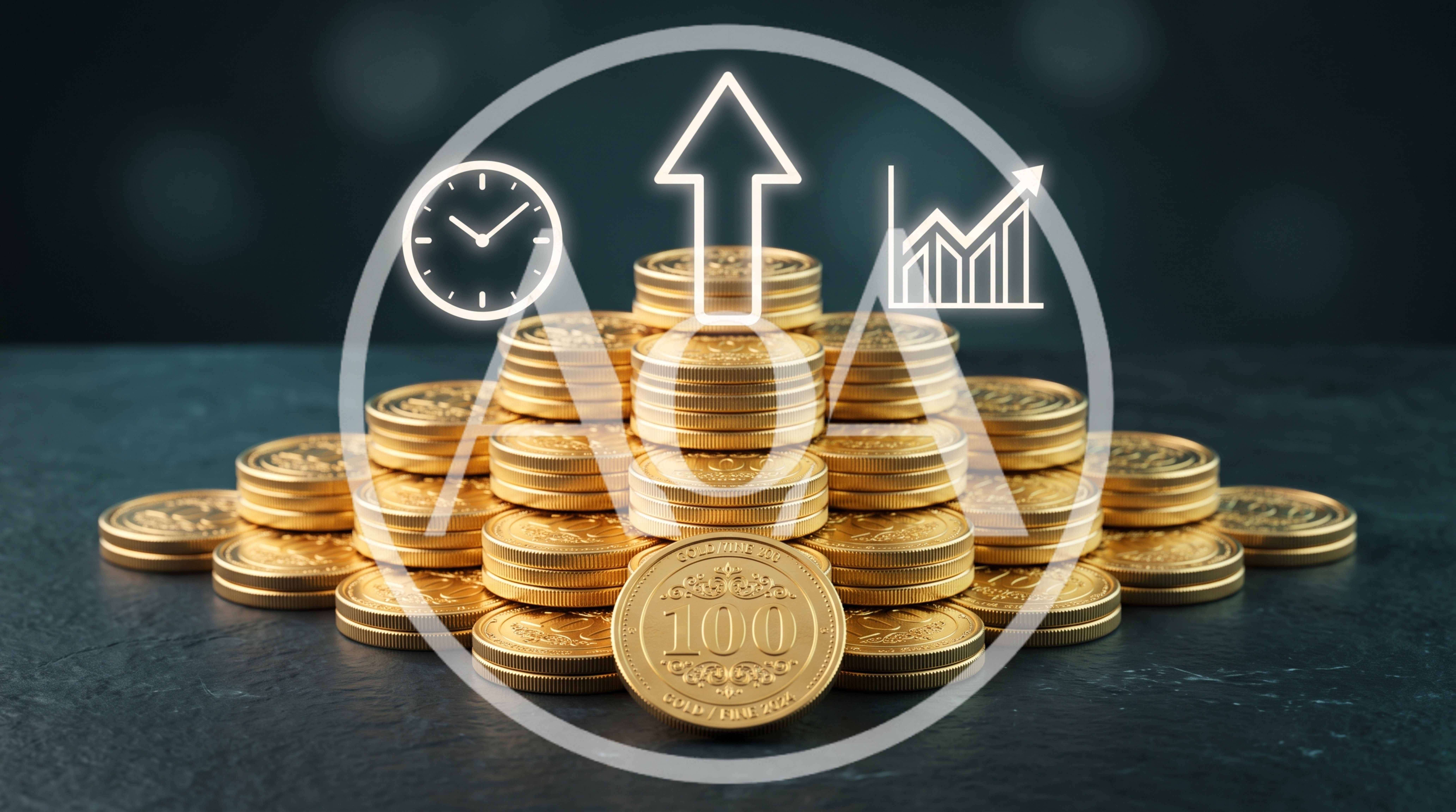 Stack Of Gold Coins With Financial Growth Icons